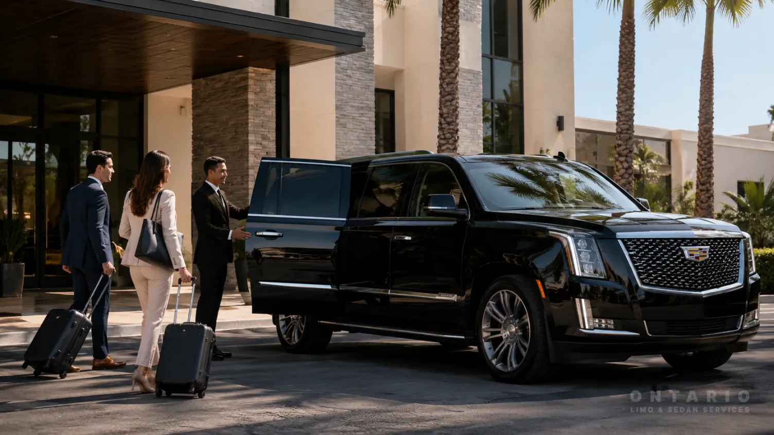 Black Cadillac Escalade providing corporate hotel and meeting transportation in Ontario California