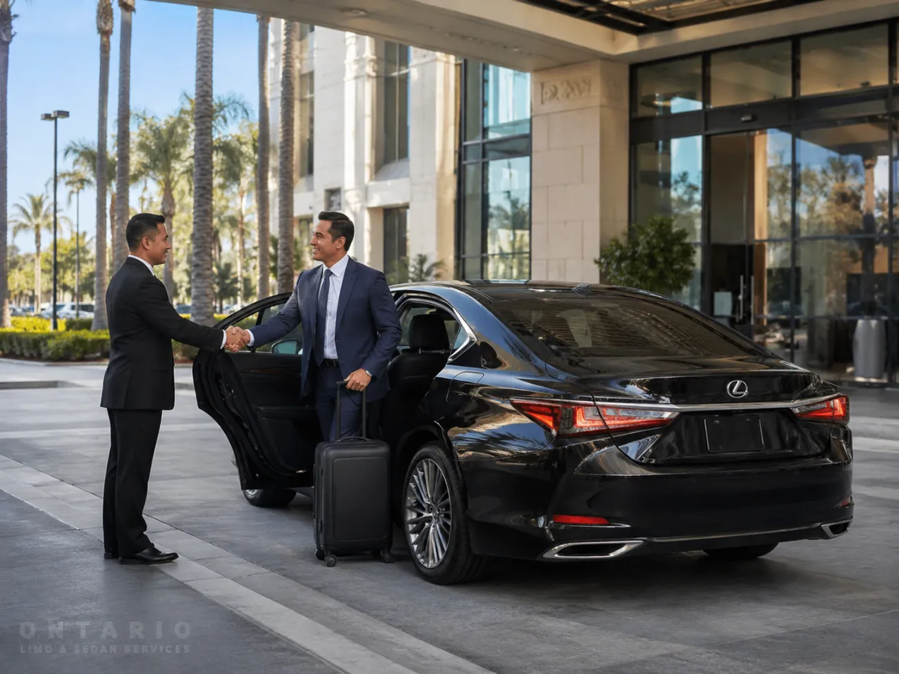 Black Lexus sedan providing executive hotel and meeting transportation in Ontario CA
