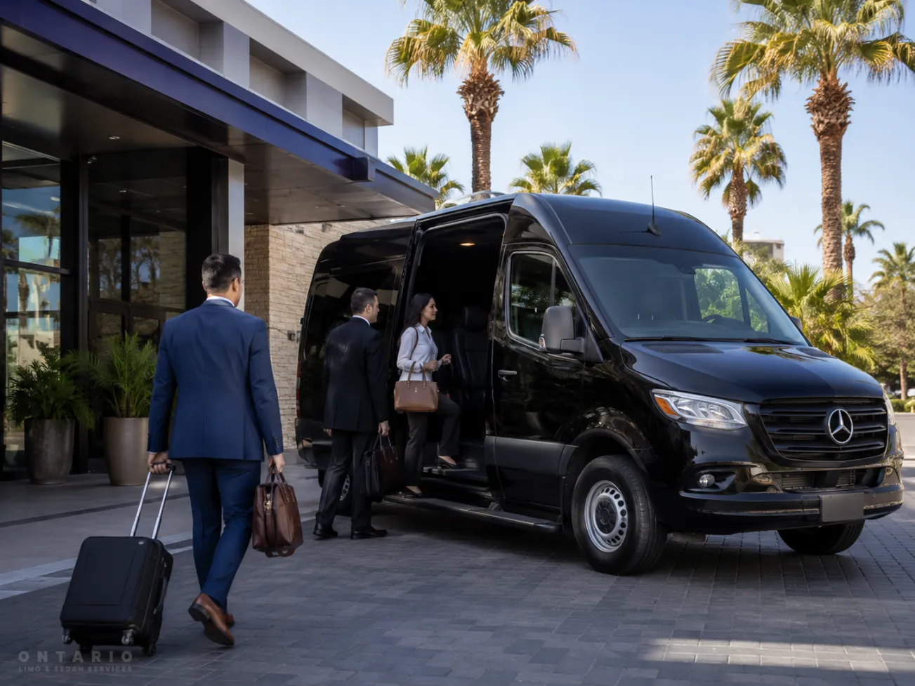 Black Mercedes Sprinter providing corporate group hotel and meeting transportation in Ontario CA