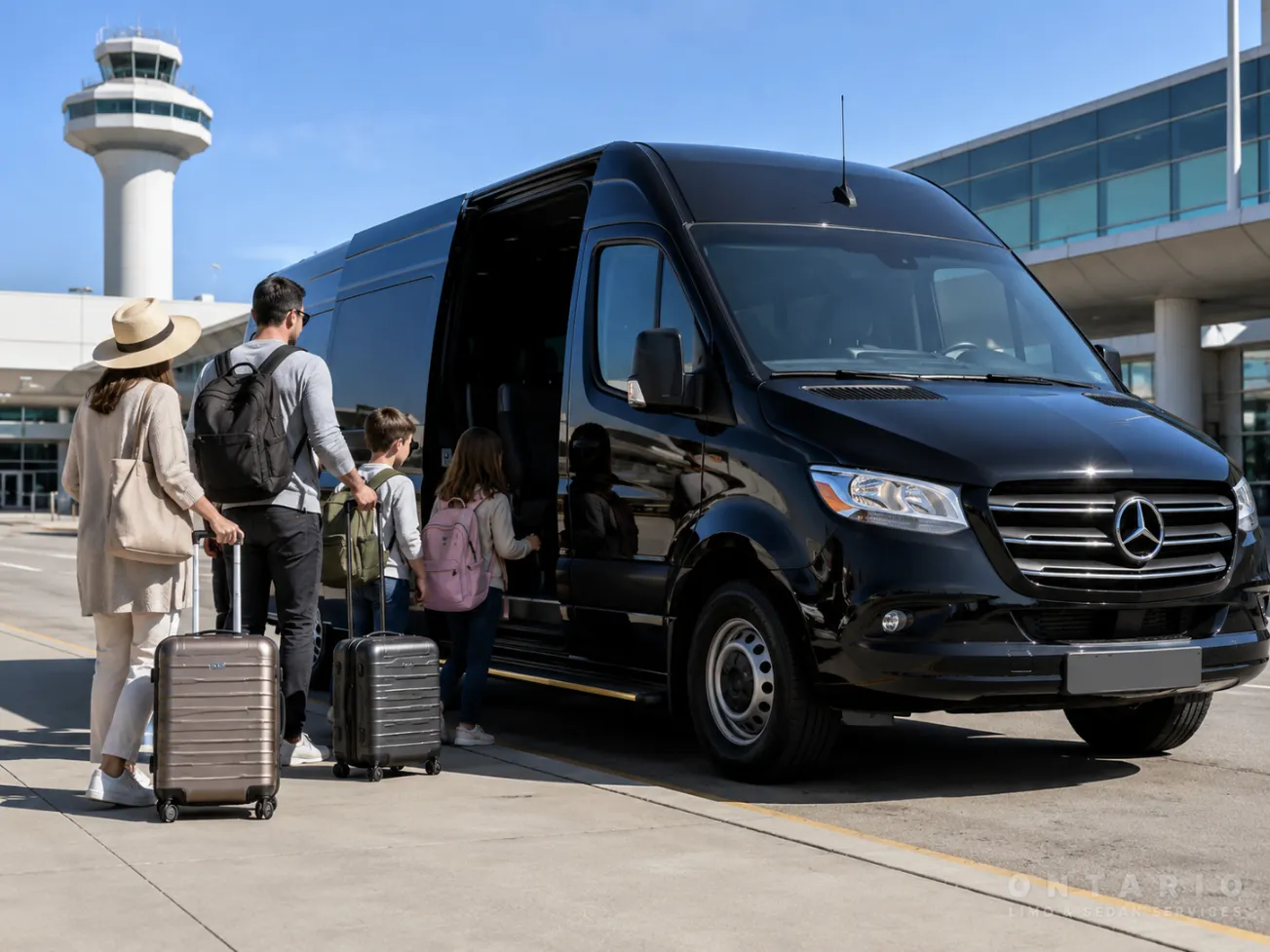 Black Mercedes Sprinter providing group transportation from LAX to Ontario Airport