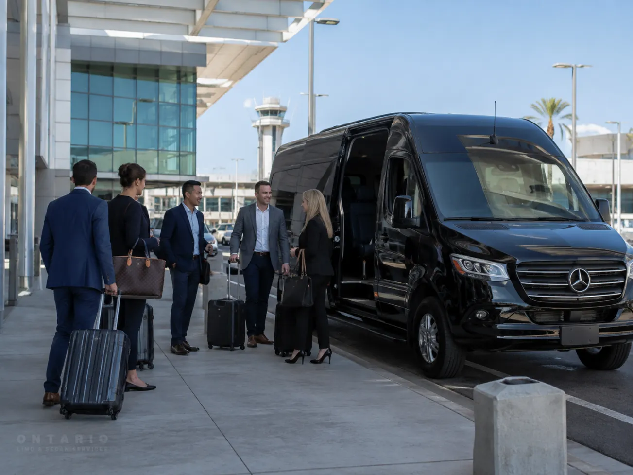Black Mercedes Sprinter providing Ontario Airport group transportation for business travelers