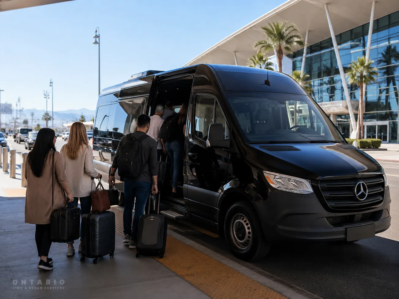 Passengers boarding a black Mercedes Sprinter for Ontario Airport group transportation