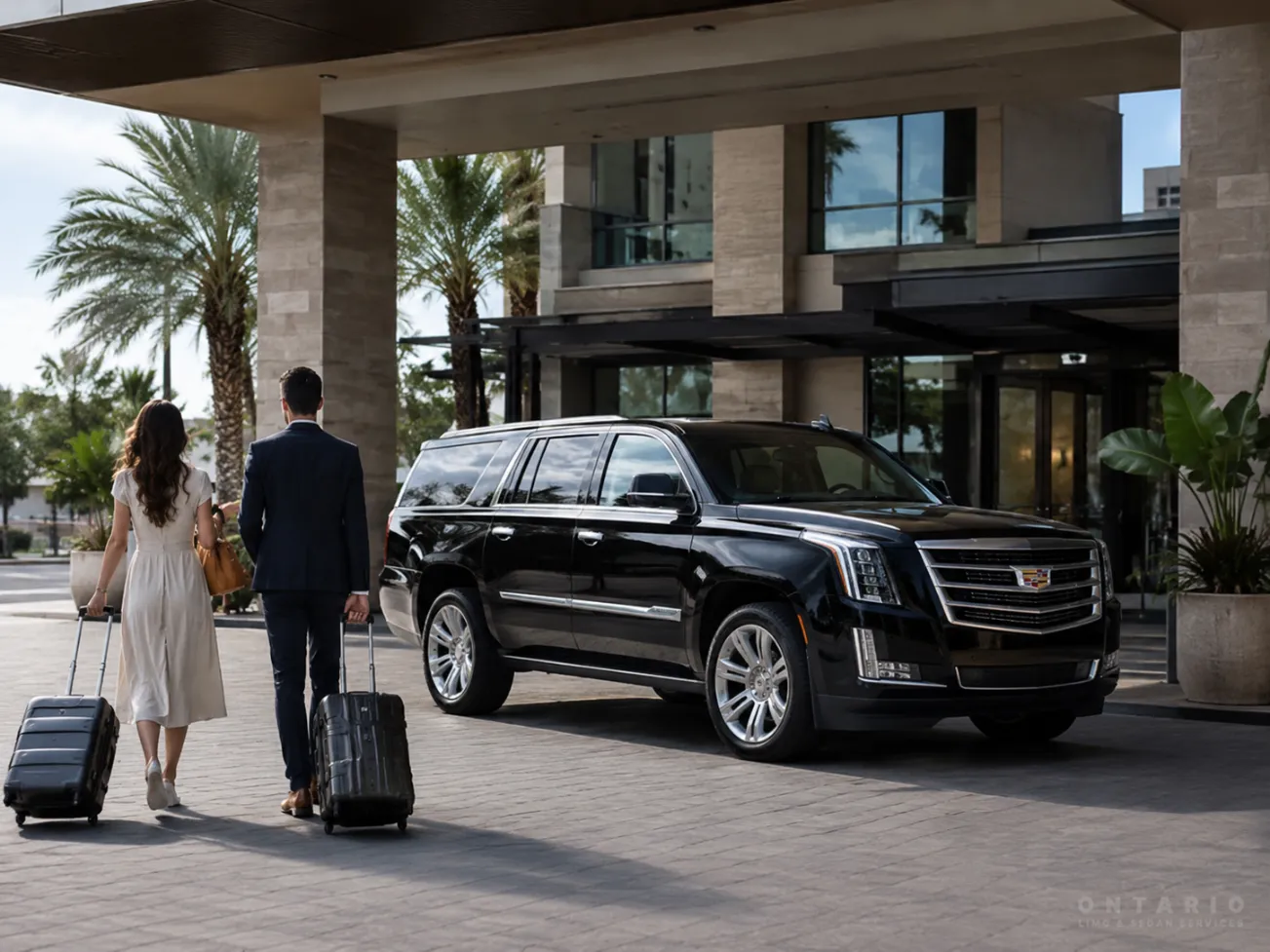Black Cadillac Escalade providing private hotel transportation from Ontario Airport