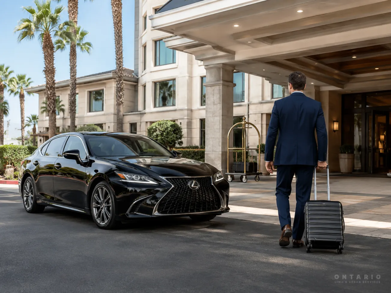 Black Lexus sedan providing Ontario Airport hotel transportation for a private traveler