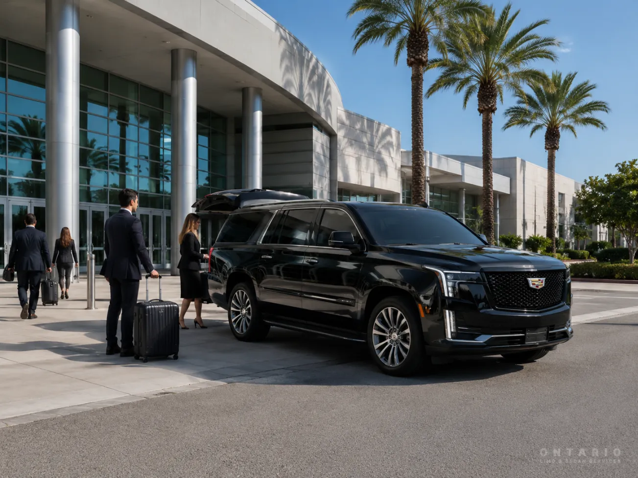 Black Cadillac Escalade providing transportation from Ontario Airport to Ontario Convention Center