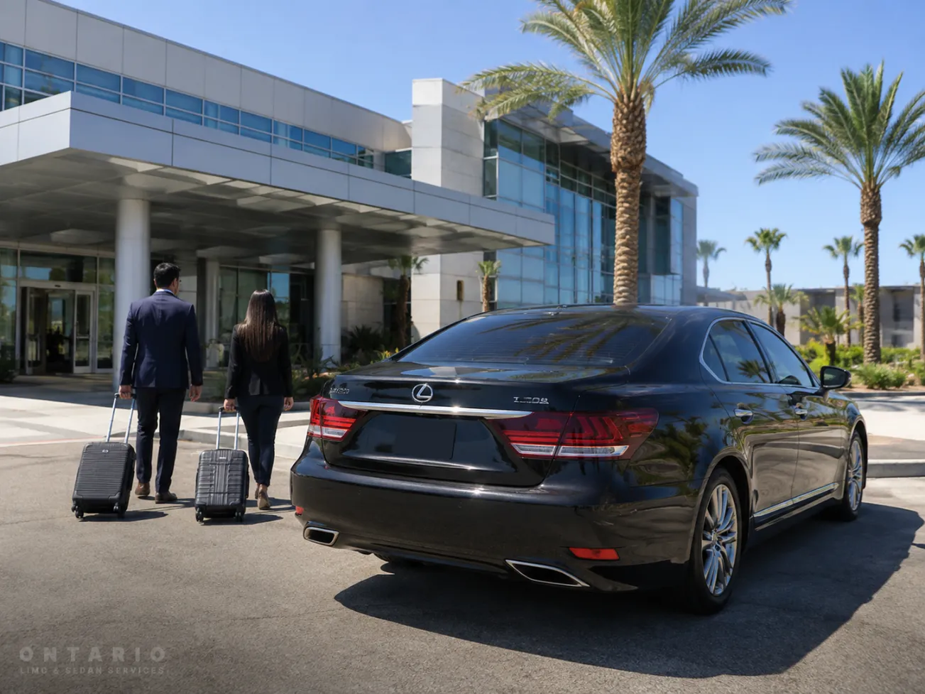 Black Lexus sedan arriving at Ontario Convention Center from Ontario Airport