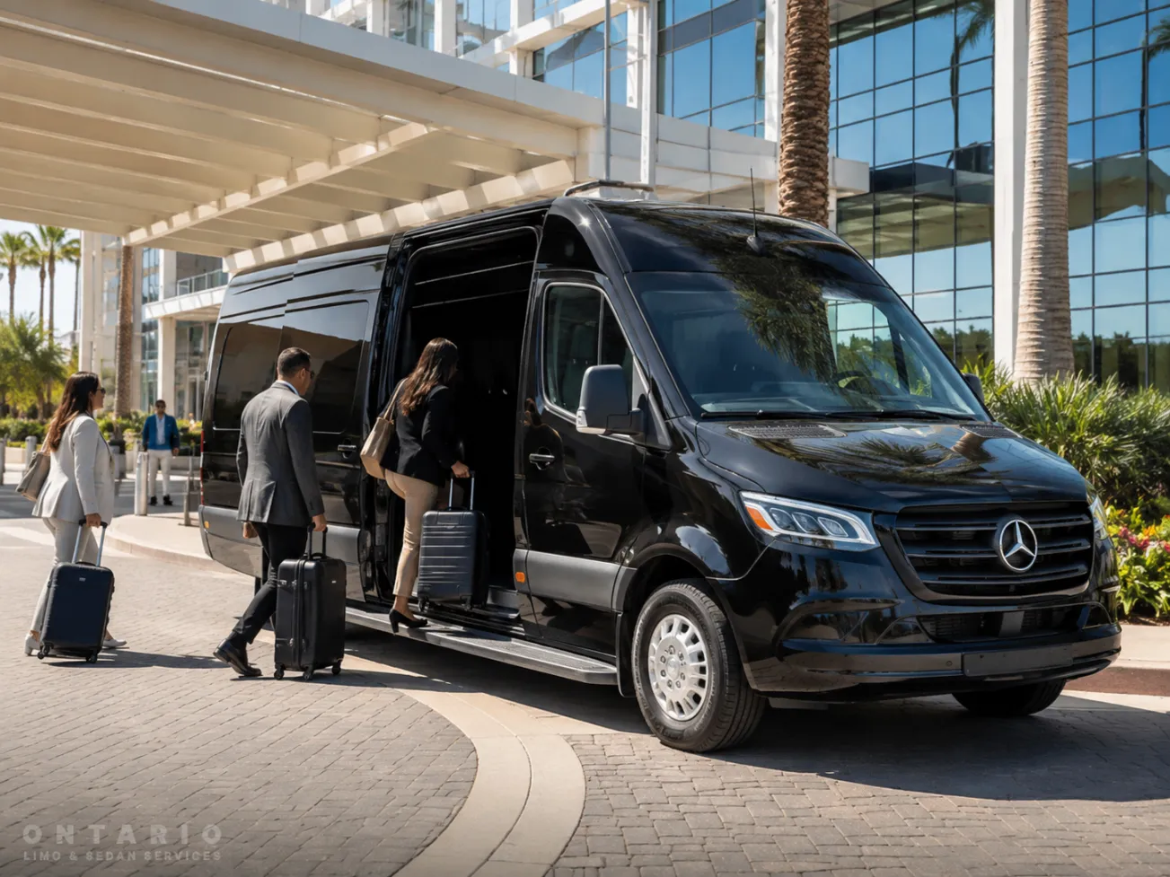 Black Mercedes Sprinter providing group transportation from Ontario Airport to Ontario Convention Center