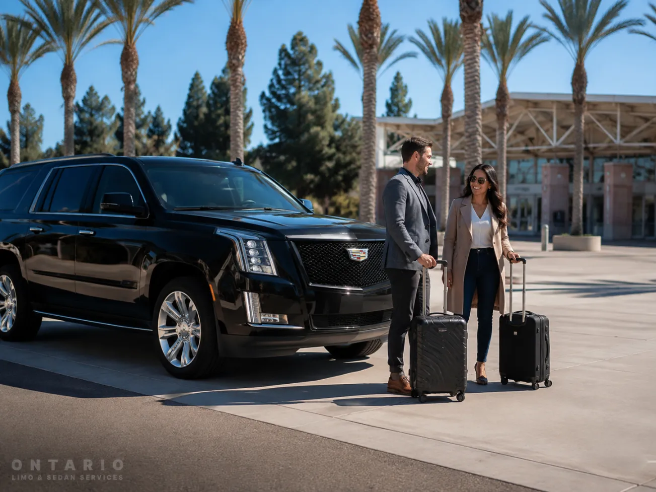 Black Cadillac Escalade providing private transportation from Ontario Airport to Pomona and Fairplex