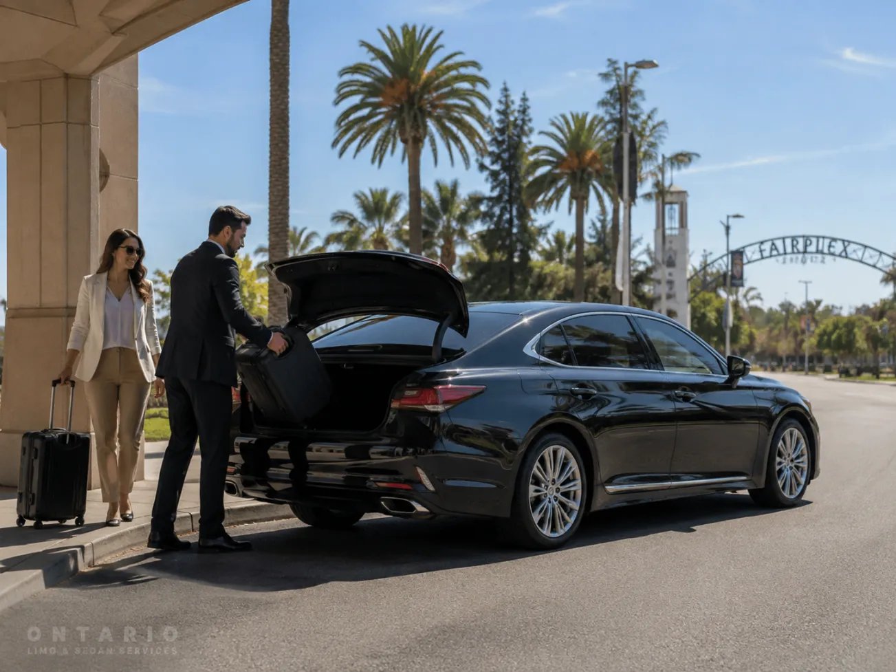 Black Lexus sedan providing an Ontario Airport to Fairplex private transfer