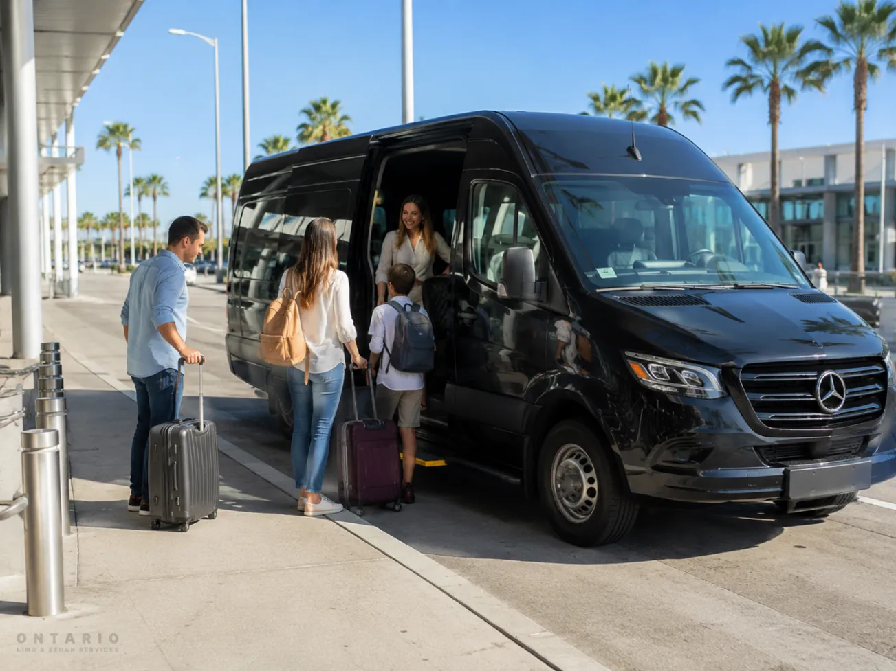 Black Mercedes Sprinter providing group transportation from Ontario Airport to Pomona Fairplex