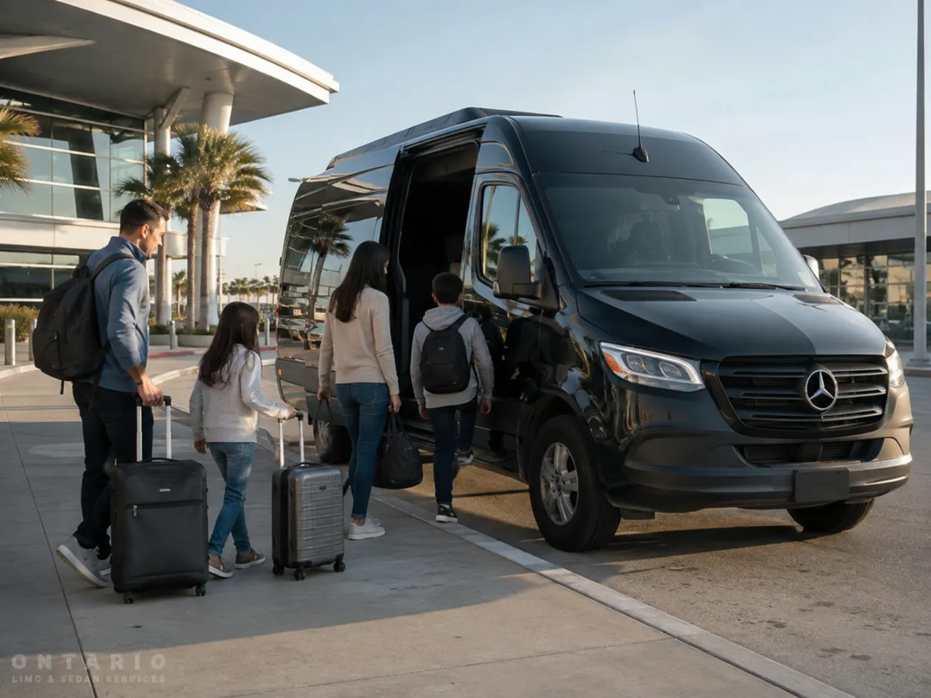 Black Mercedes Sprinter for group transportation from Ontario Airport to Rancho Cucamonga