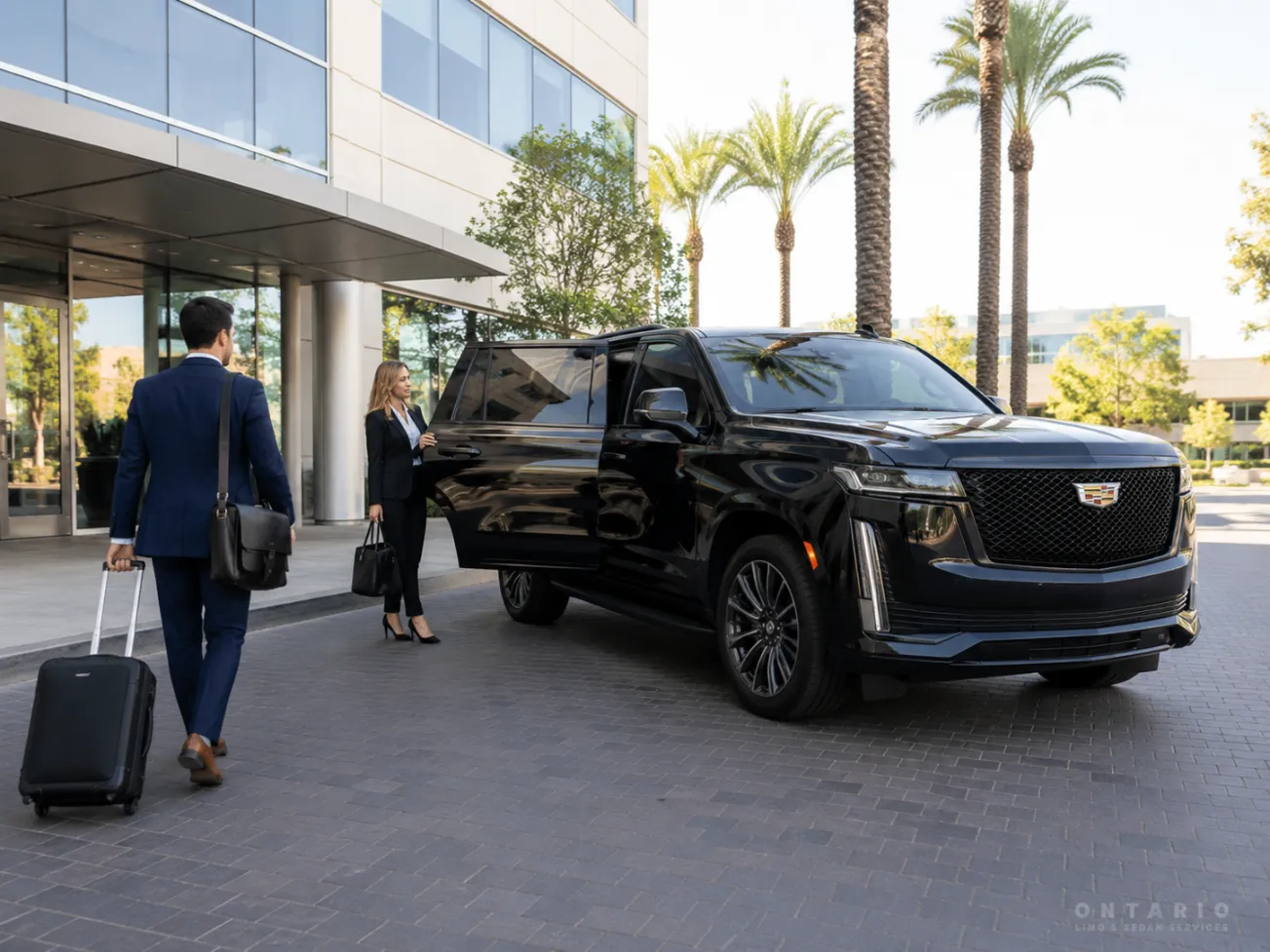 Black Cadillac Escalade providing executive car service for Ontario business travelers