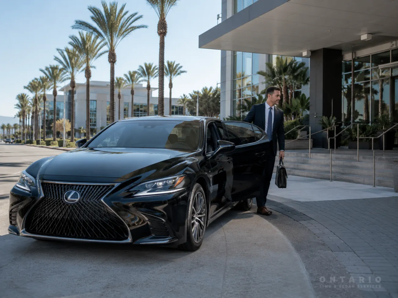 Black Lexus sedan providing executive car service for a business traveler in Ontario California