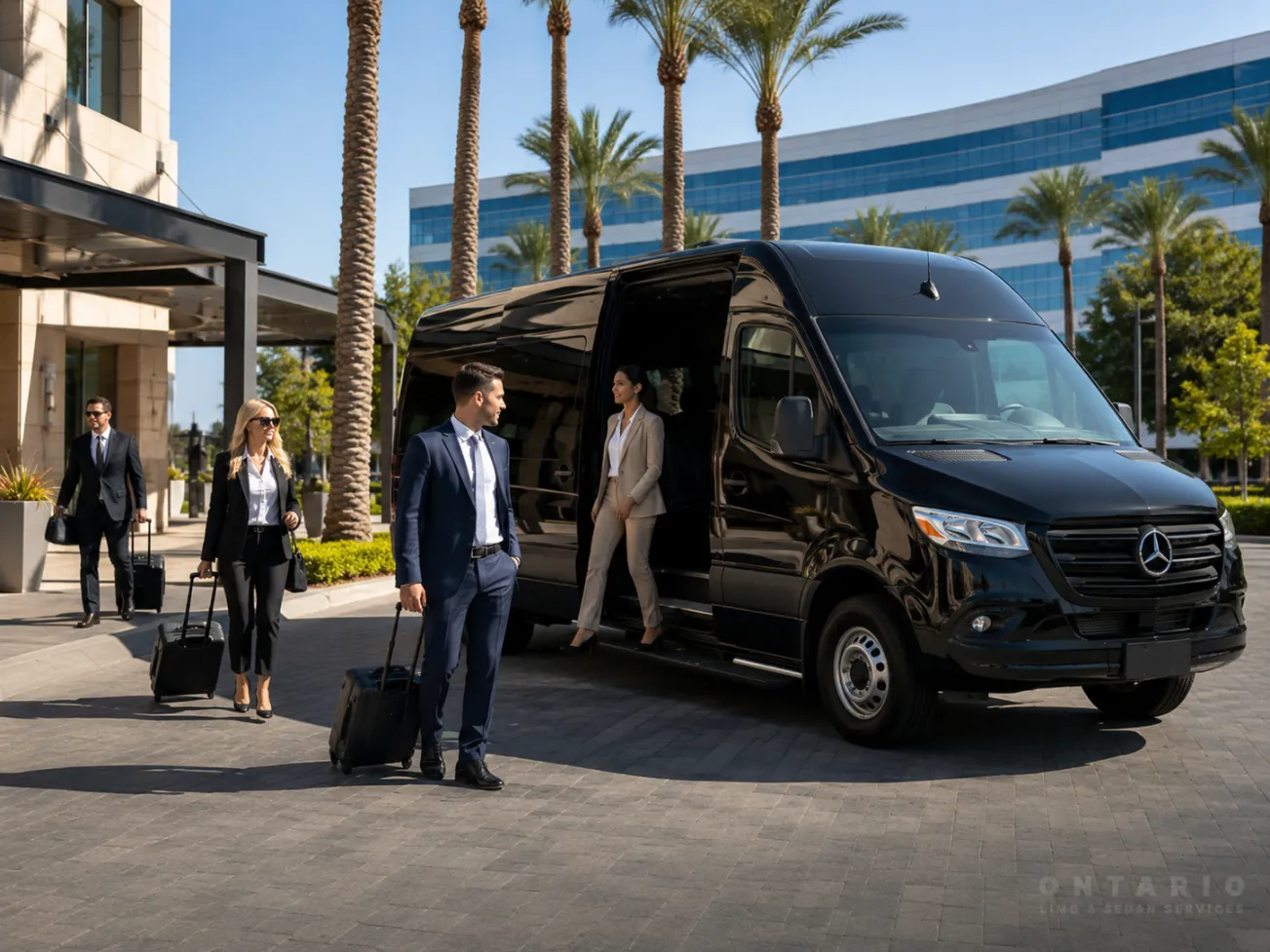 Black Mercedes Sprinter providing multi-stop transportation for Ontario business travelers
