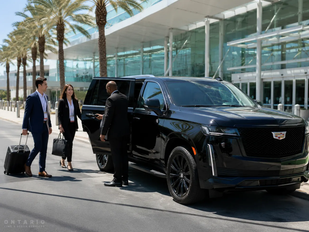 Black Cadillac Escalade providing event transportation at Ontario Convention Center