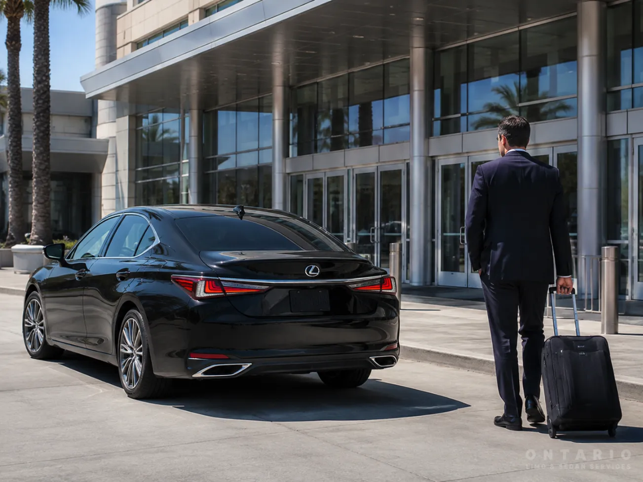 Black Lexus sedan providing conference transportation at Ontario Convention Center