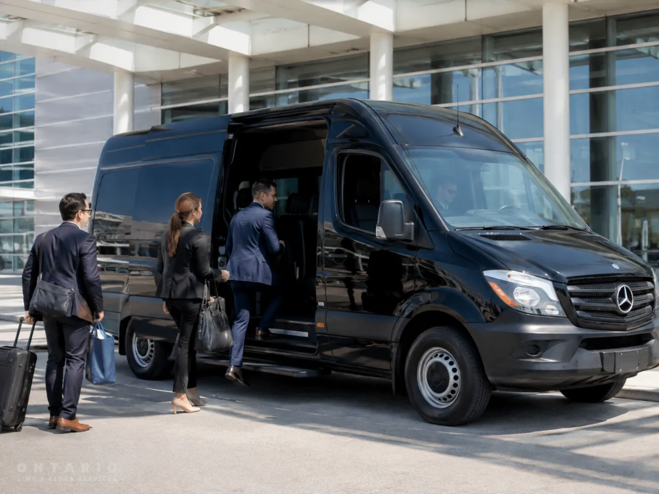 Black Mercedes Sprinter providing trade show transportation at Ontario Convention Center