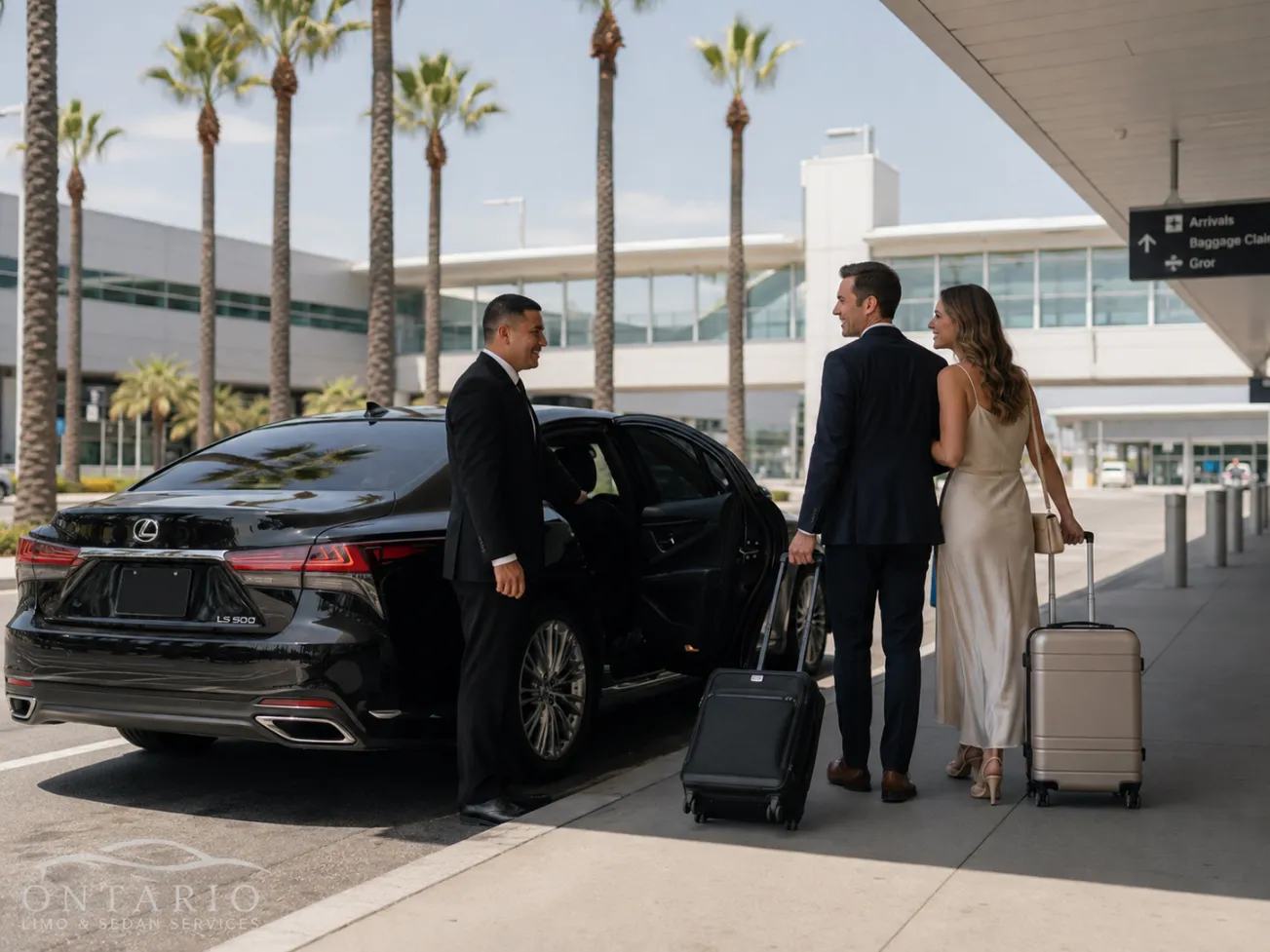 Black Lexus sedan providing Ontario Airport transportation for wedding guests