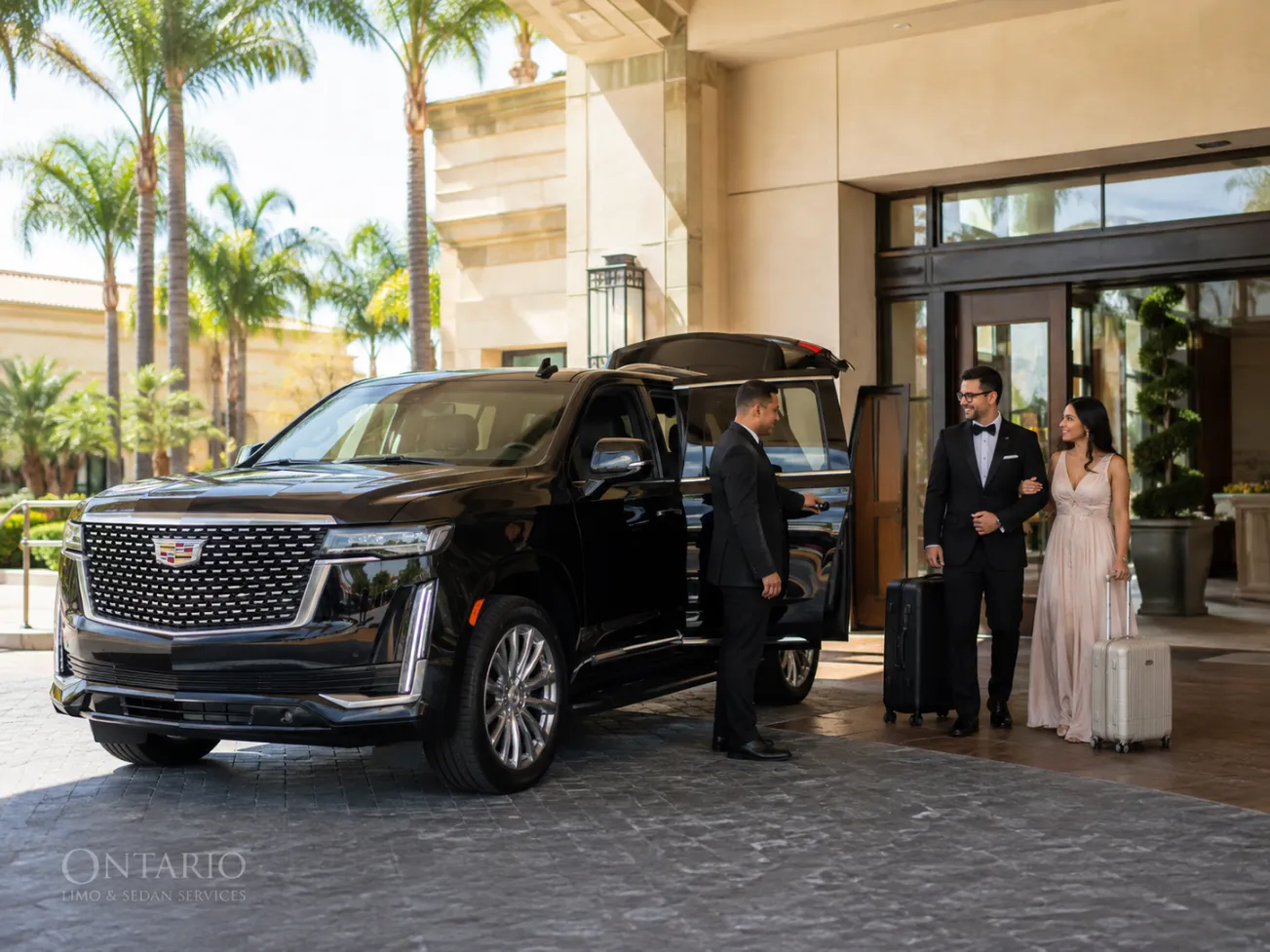 Black Cadillac Escalade providing hotel transportation for wedding guests in Ontario California