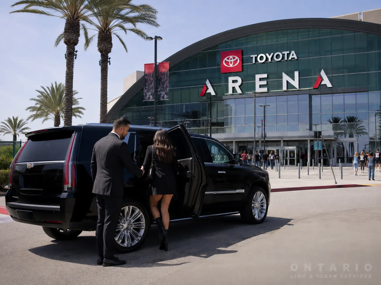 Black Cadillac Escalade providing private transportation to Toyota Arena in Ontario California