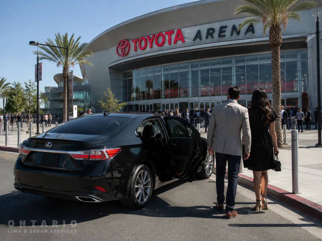 Black Lexus sedan providing private car service to Toyota Arena in Ontario