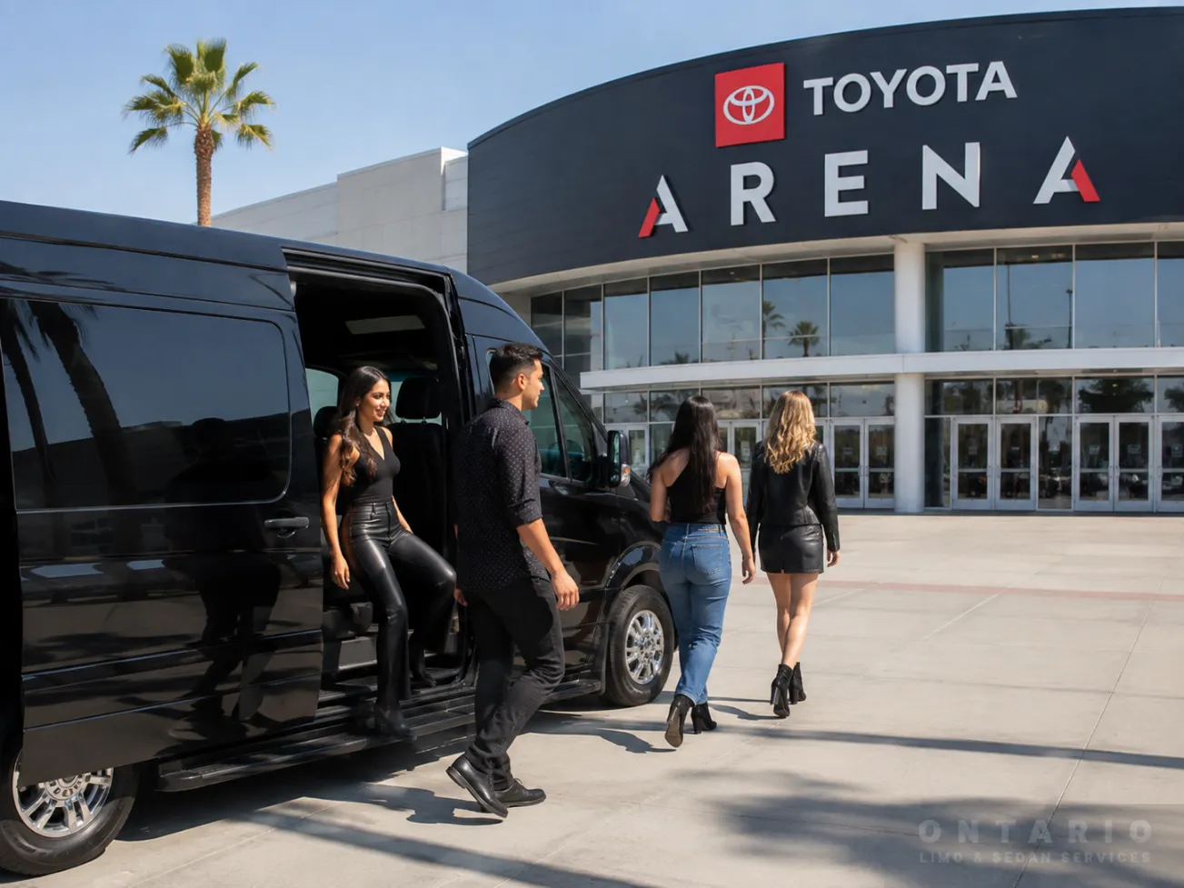 Black Mercedes Sprinter providing group transportation to Toyota Arena in Ontario